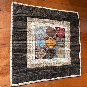 Handmade Quilted Table Topper in Brown, Cream, Blue & Gold Tones